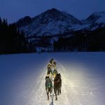 a man riding skis down a snow covered mountain