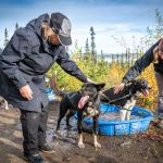 a group of people standing next to a dog