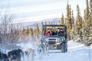 a man and a dog in the snow